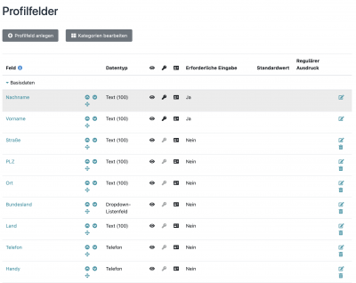 Liste der Konfiguration von Profilfeldern