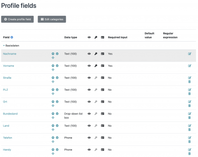 List of profile field configurations