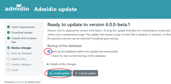 Overview of the changes and choice of the database backup Overview of the changes and choice of the database backup
